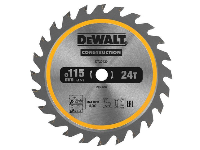 DEWALT DT20420 TCT Construction Circular Saw Blade 115 x 9.5mm x 24T