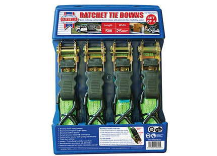Faithfull Ratchet Tie-Downs 5M X 25Mm Green 4 Piece