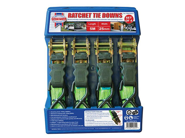 Faithfull Ratchet Tie-Downs 5M X 25Mm Green 4 Piece