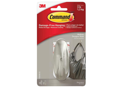 Command Medium Designer Hook, Brushed Nickel Effect