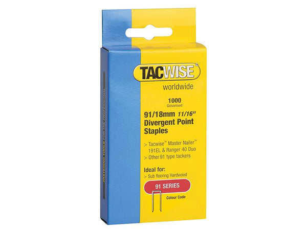 Tacwise 91 Narrow Crown Divergent Point Staples 18Mm - Electric Tackers Pack 1000