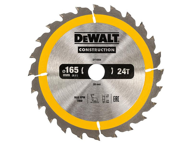 DEWALT Portable Construction Circular Saw Blade 165 X 20Mm X 24T