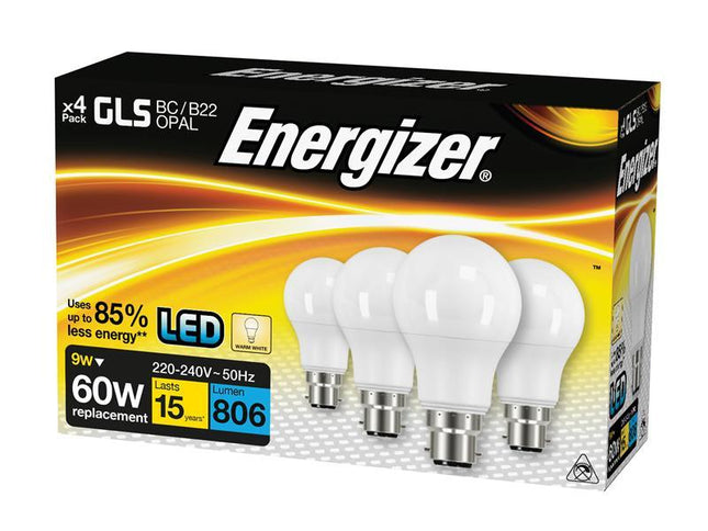 Energizer LED BC (B22) Opal GLS Non-Dimmable Bulb, Warm White 806 lm 9.2W (Pack 4)