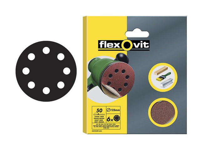 Flexovit Hook & Loop Sanding Discs 125Mm Assorted (Pack Of 6)