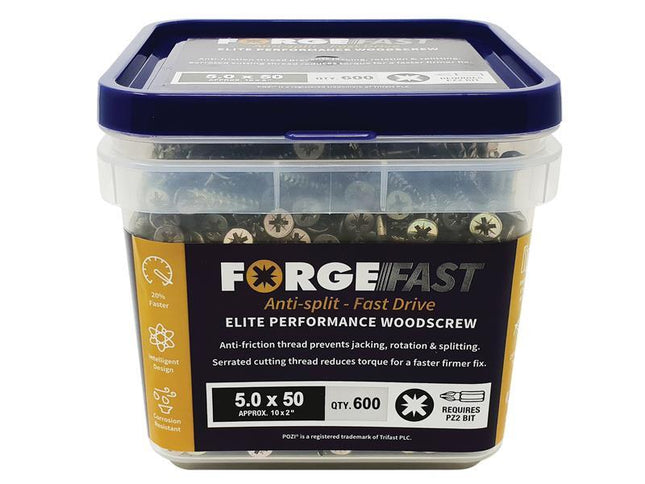 Forgefix Forgefast Pozi Compatible Elite Performance Wood Screw Zy 5.0 X 50Mm Tub 600