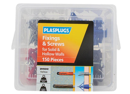 PLASPLUGS Fixings & Screws Kit For Solid & Hollow Walls, 150 Piece