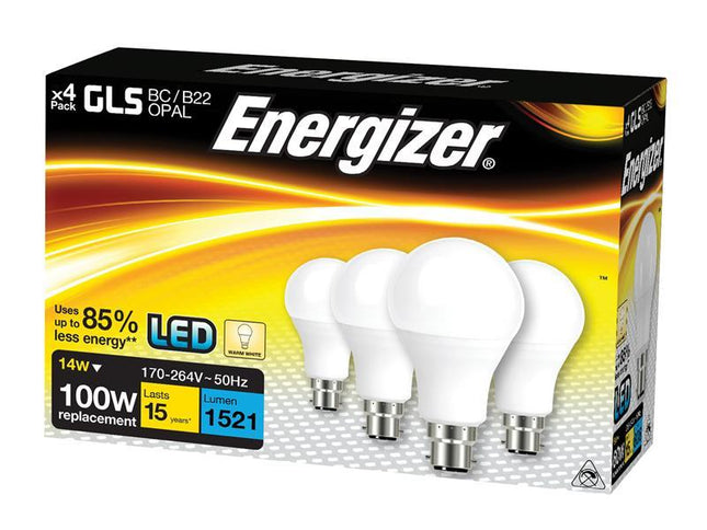 Energizer LED BC (B22) Opal GLS Non-Dimmable Bulb, Warm White 1521 lm 12.5W (Pack 4)