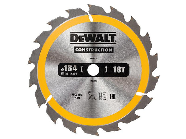 DEWALT Portable Construction Circular Saw Blade 184 X 16Mm X 18T