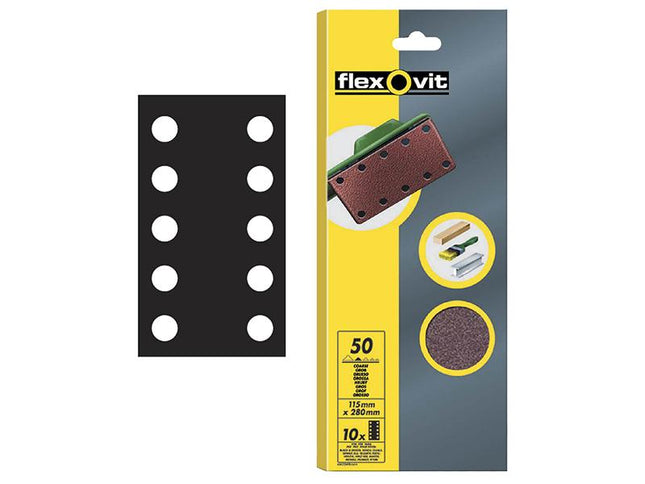 Flexovit 1/2 Sanding Sheets Perforated Coarse 50 Grit (Pack Of 10)