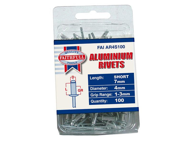 Faithfull Aluminium Rivets 4Mm X 7Mm Short Pre-Pack Of 100